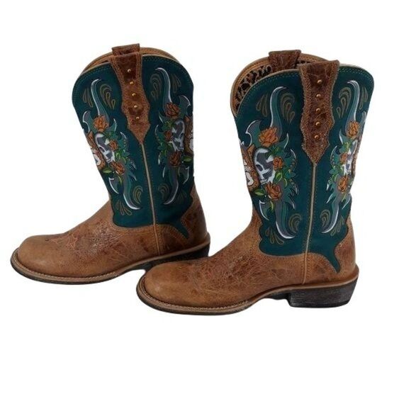 Ariat Rodeo Day Of The Dead Skull Rose Cowboy Boots Tan Turquoise Sz 8.5 - Picture 8 of 12